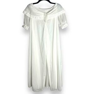 Vintage Rogers Women Peignoir Robe Sz S Ivory Lace Collar Sheer Lace Maxi Nighty